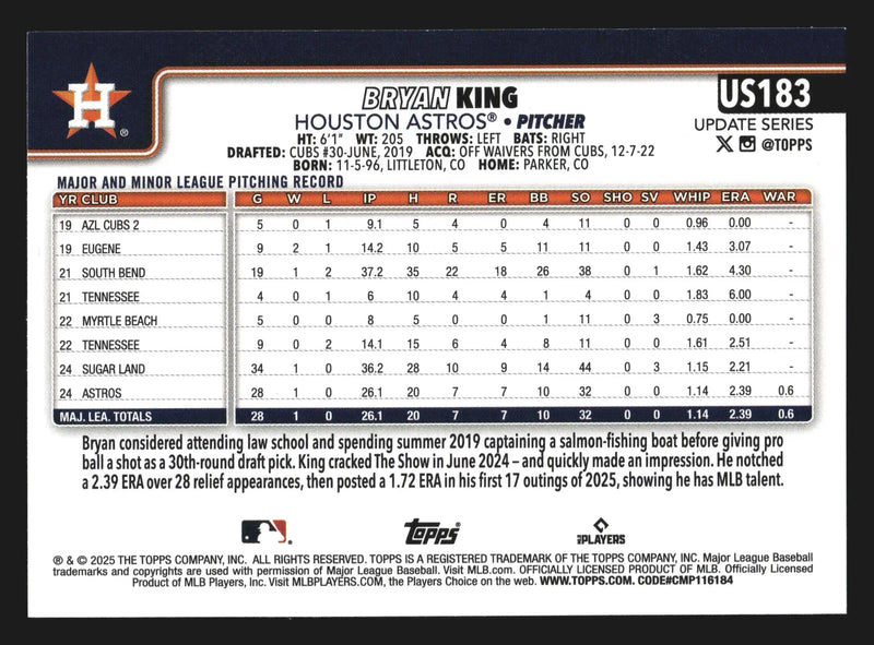 2025 Topps Update #US183 Bryan King Astros RC - Baseball Card Single