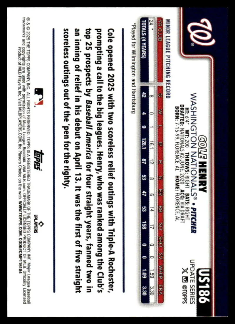 2025 Topps Update #US186 Cole Henry NM-MT RC Rookie Nationals ID:80455 - Baseball Card Single
