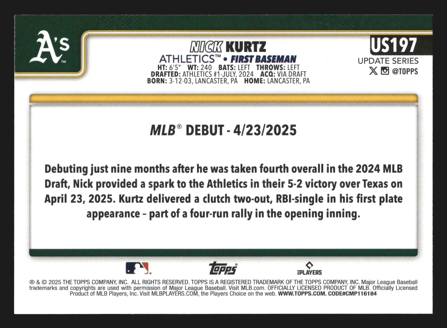 2025 Topps Update #US197 Nick Kurtz Athletics RC
