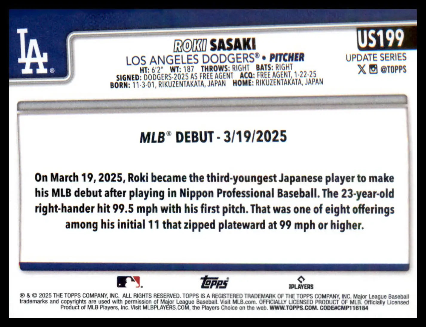 2025 Topps Update #US199 Roki Sasaki - Baseball Card Single