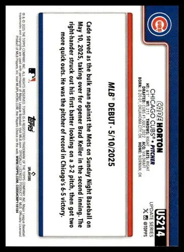 2025 Topps Update #US214 Cade Horton NM-MT Cubs Rookie Debut ID:80031 - Baseball Card Single