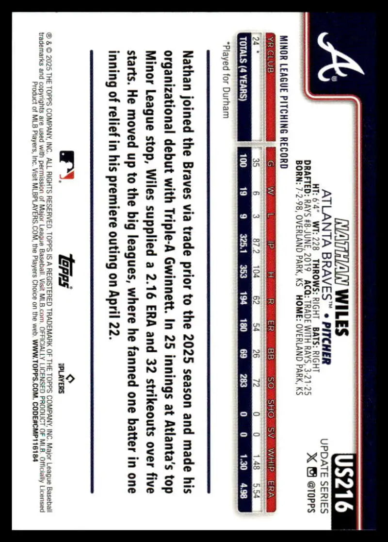2025 Topps Update #US216 Nathan Wiles NM-MT RC Rookie Braves ID:80462 - Baseball Card Single
