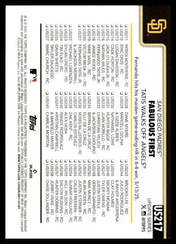 2025 Topps Update #US217 Fernando Tatis Jr. NM-MT Padres Season Highlig ID:80463 - Baseball Card Single