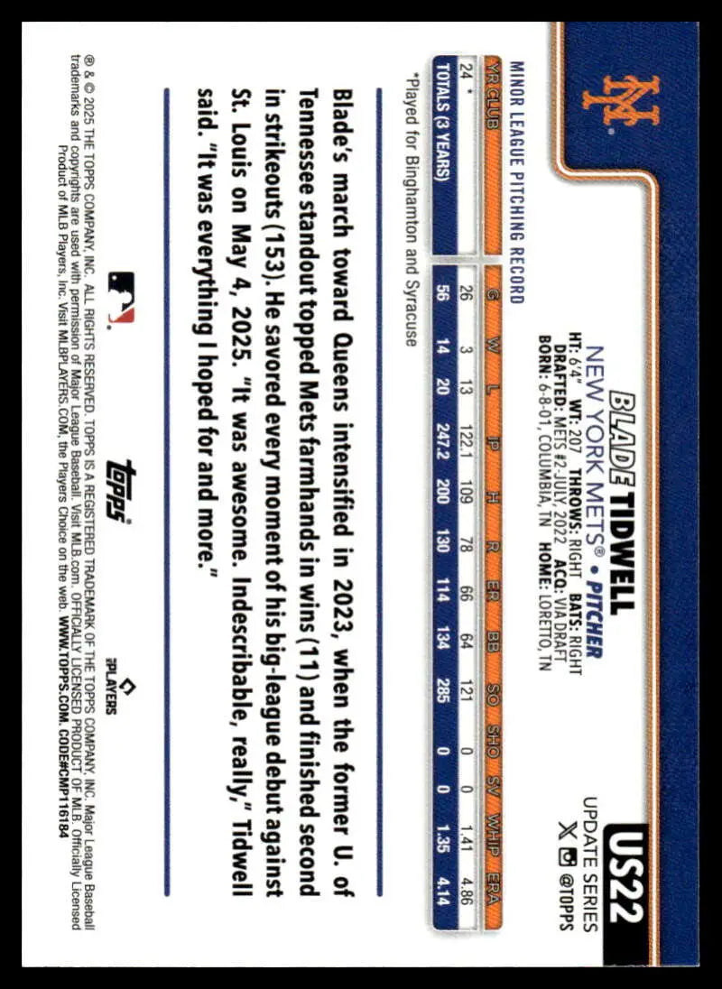2025 Topps Update #US22 Blade Tidwell NM-MT RC Rookie Mets ID:80397 - Baseball Card Single