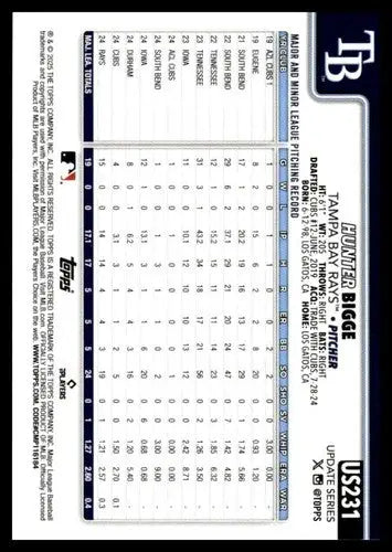2025 Topps Update #US231 Hunter Bigge NM-MT RC Rookie Rays ID:80033 - Baseball Card Single