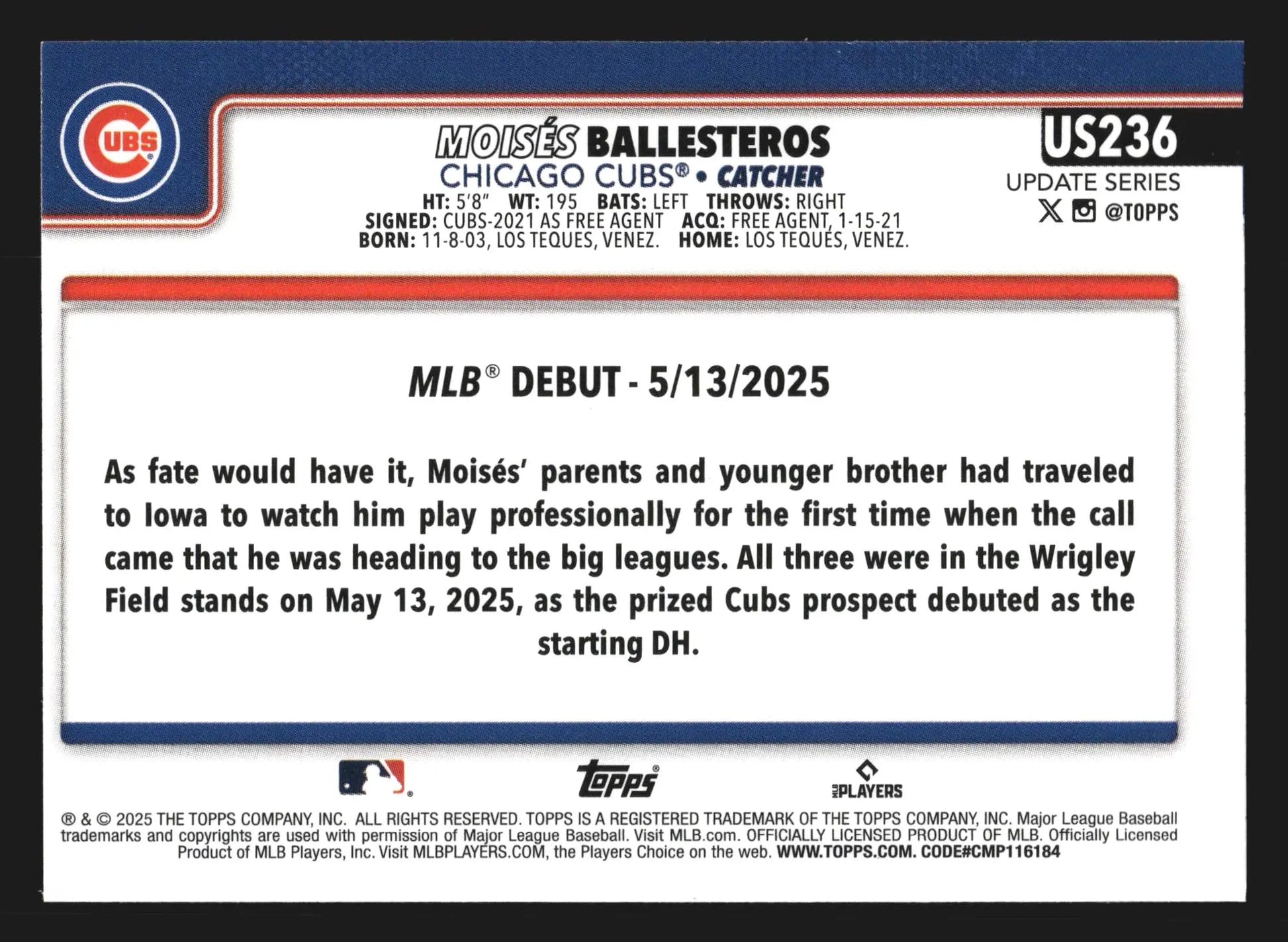 2025 Topps Update #US236 Moises Ballesteros Rookie Debut RC Cubs - Baseball Card Single