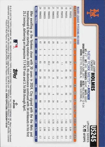 2025 Topps Update #US245 Clay Holmes NM-MT Mets ID:80469 - Baseball Card Single