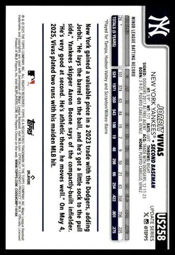 2025 Topps Update #US258 Jorbit Vivas NM-MT RC Rookie Yankees ID:80038 - Baseball Card Single