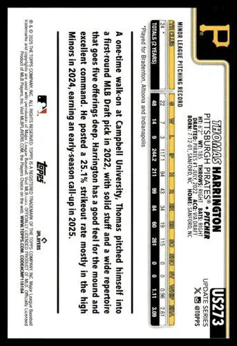 2025 Topps Update #US273 Thomas Harrington NM-MT RC Rookie Pirates ID:80472 - Baseball Card Single