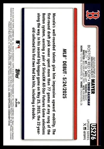 2025 Topps Update #US276 Marcelo Mayer NM-MT Red Sox Rookie Debut ID:80473 - Baseball Card Single