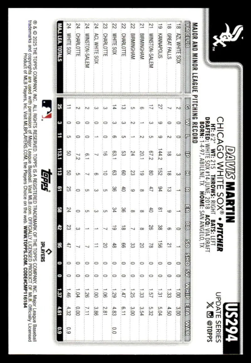 2025 Topps Update #US294 Davis Martin NM-MT White Sox ID:80044 - Baseball Card Single