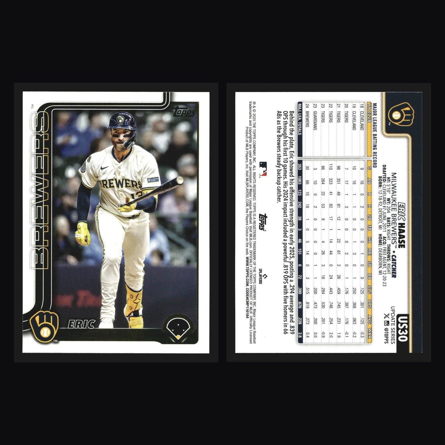 2025 Topps Update #US30 Eric Haase Milwaukee Brewers - Baseball Card Single