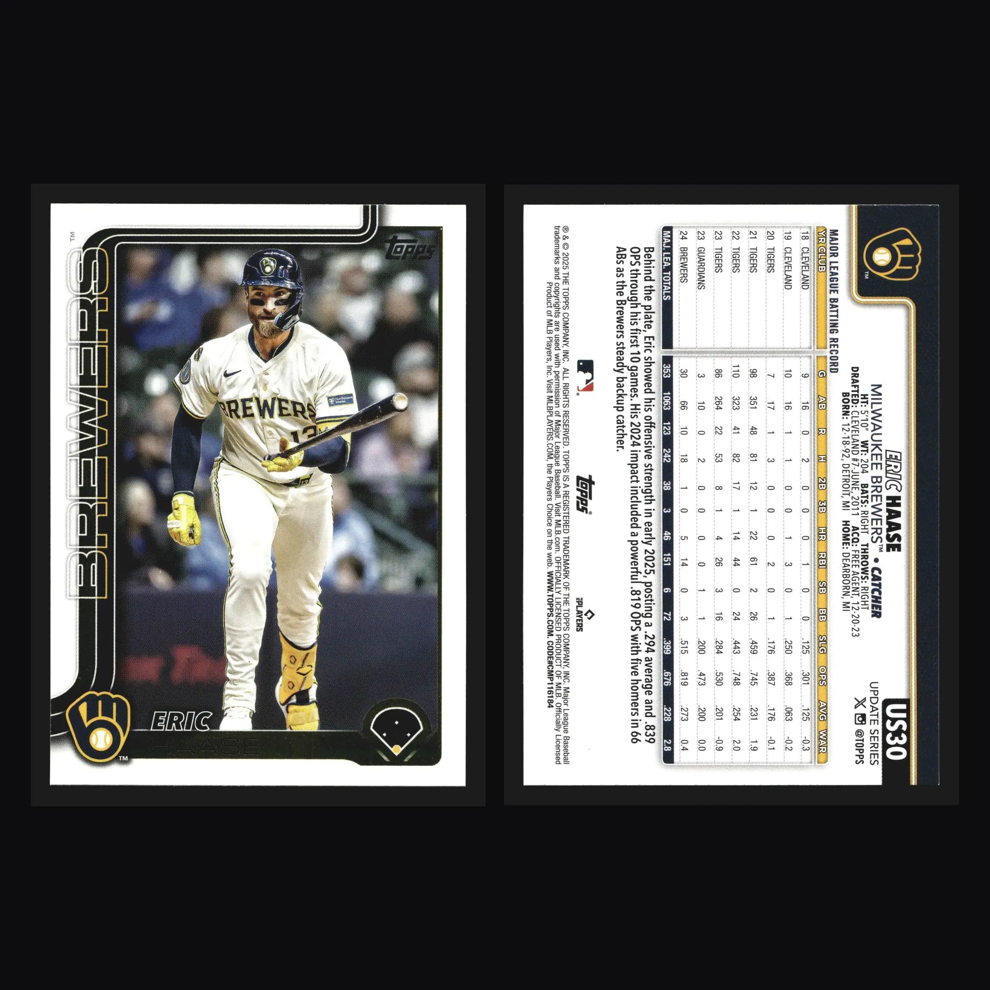 2025 Topps Update #US30 Eric Haase Milwaukee Brewers - Baseball Card Single