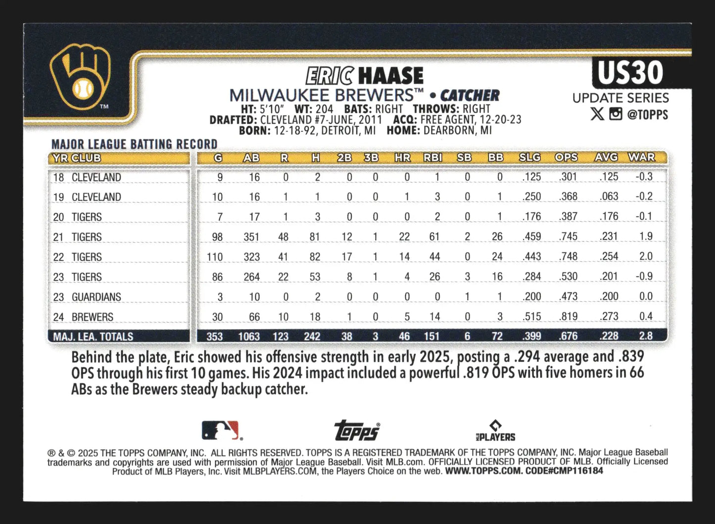 2025 Topps Update #US30 Eric Haase Milwaukee Brewers - Baseball Card Single