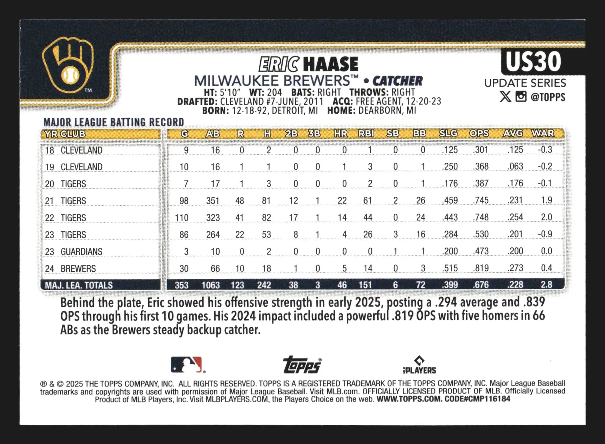 2025 Topps Update #US30 Eric Haase Milwaukee Brewers - Baseball Card Single