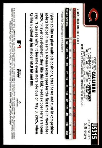 2025 Topps Update #US315 Tyler Callihan NM-MT RC Rookie Reds ID:80482 - Baseball Card Single