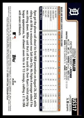 2025 Topps Update #US317 Ryan Miller NM-MT RC Rookie Tigers ID:80483 - Baseball Card Single