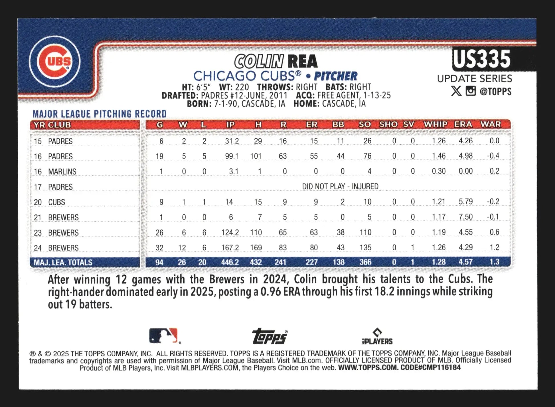 2025 Topps Update #US335 Colin Rea Chicago Cubs - Baseball Card Single