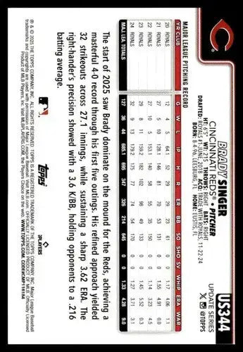2025 Topps Update #US344 Brady Singer NM-MT Reds ID:80492 - Baseball Card Single