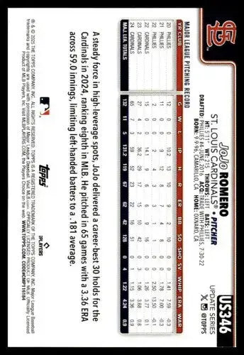 2025 Topps Update #US346 JoJo Romero NM-MT Cardinals ID:80493 - Baseball Card Single