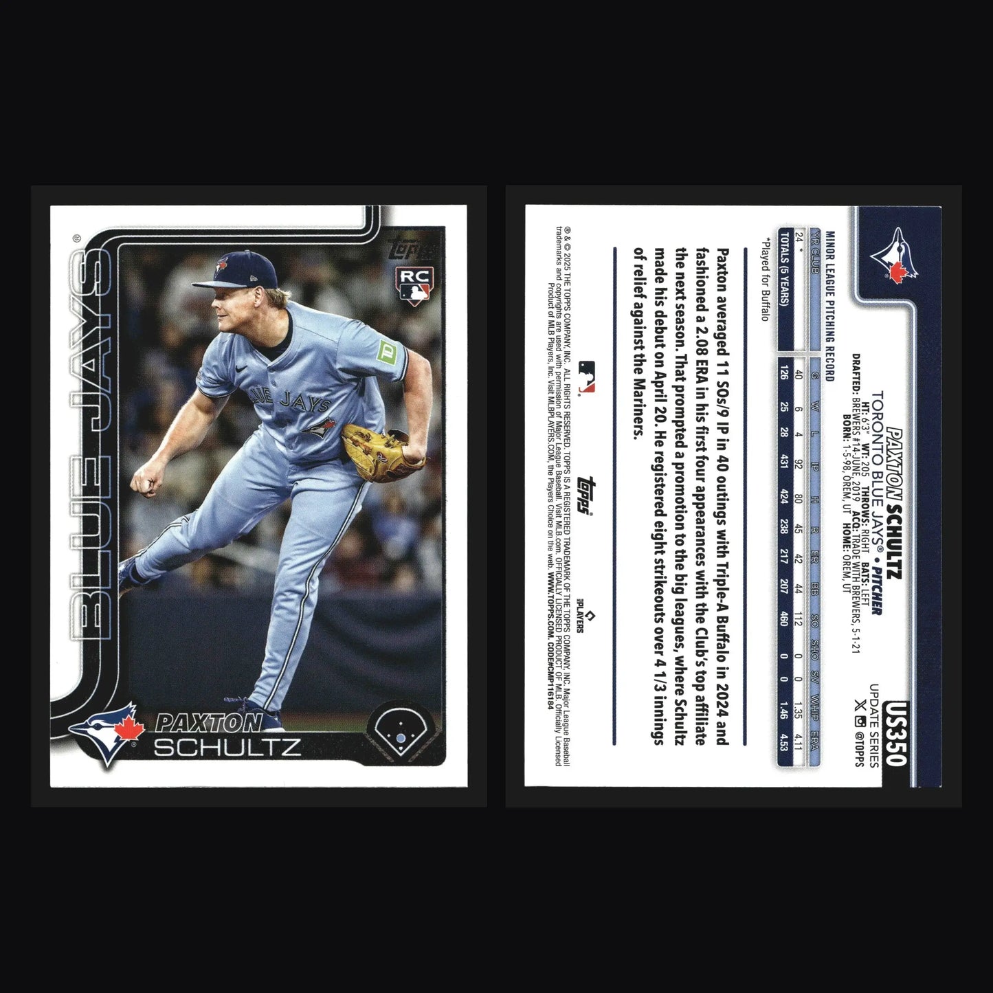 2025 Topps Update #US350 Paxton Schultz RC Rookie Toronto Blue Jays