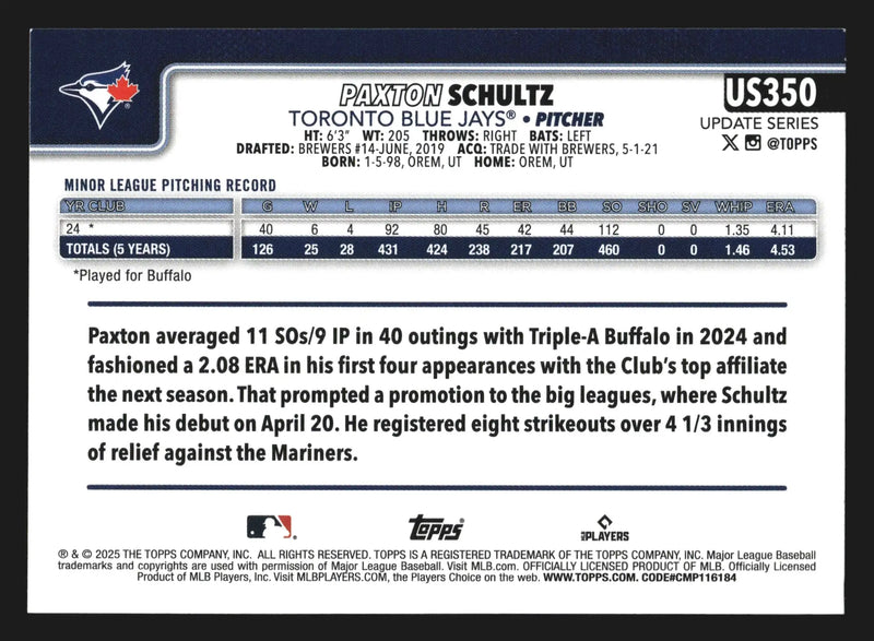 2025 Topps Update #US350 Paxton Schultz RC Rookie Toronto Blue Jays
