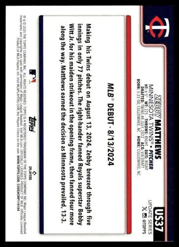 2025 Topps Update #US37 Zebby Matthews NM-MT Twins Rookie Debut ID:80401 - Baseball Card Single
