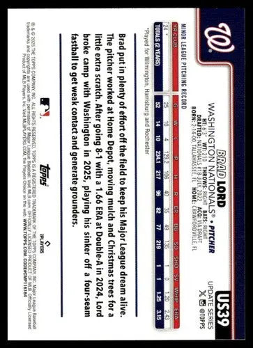 2025 Topps Update #US39 Brad Lord NM-MT RC Rookie Nationals ID:80402 - Baseball Card Single