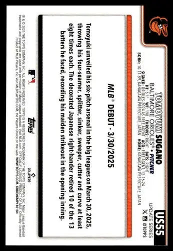 2025 Topps Update #US55 Tomoyuki Sugano NM-MT Orioles Rookie Debut ID:80406 - Baseball Card Single