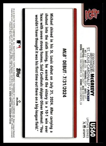 2025 Topps Update #US60 Michael McGreevy NM-MT Cardinals Rookie Debut ID:80011 - Baseball Card Single