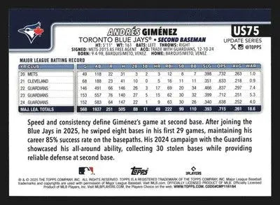 2025 Topps Update #US75 Andres Gimenez Toronto Blue Jays - Baseball Card Single