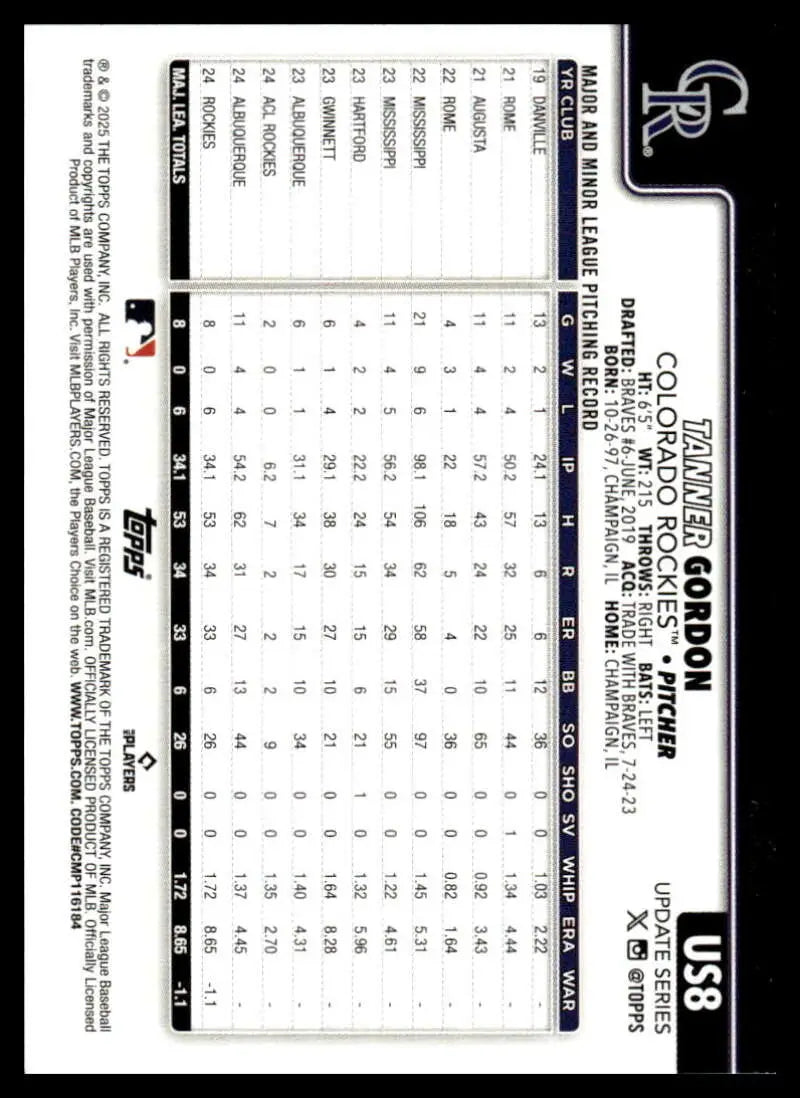 2025 Topps Update #US8 Tanner Gordon NM-MT RC Rookie Rockies ID:80006 - Baseball Card Single