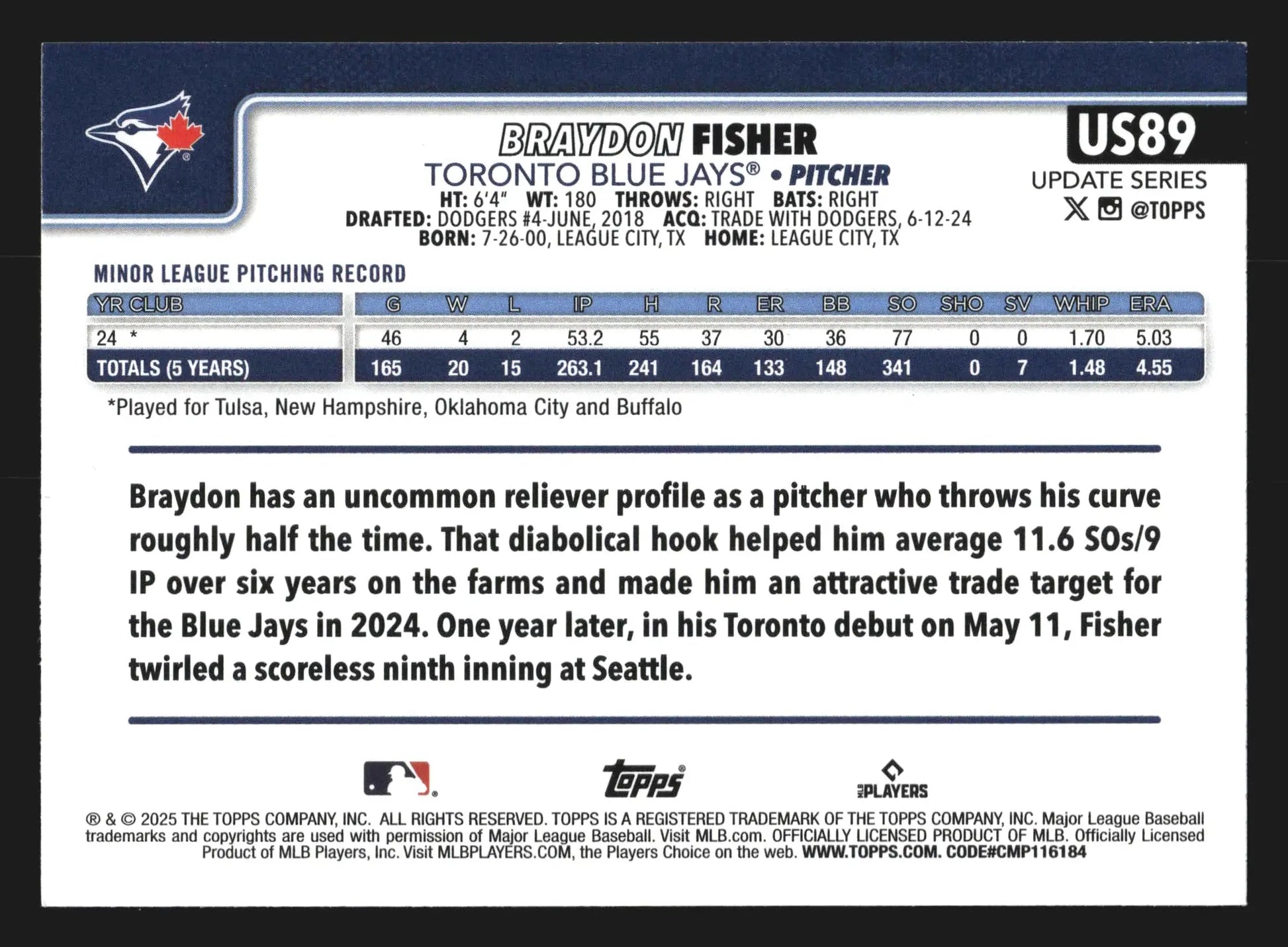 2025 Topps Update #US89 Braydon Fisher Toronto Blue Jays RC