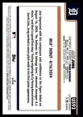 2025 Topps Update #US93 Jace Jung NM-MT Tigers Rookie Debut ID:80016 - Baseball Card Single