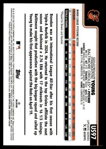 2025 Topps Update #US97 Brandon Young NM-MT RC Rookie Orioles ID:80017 - Baseball Card Single