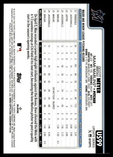 2025 Topps Update #US99 Max Meyer NM-MT Marlins ID:80419 - Baseball Card Single
