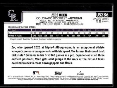 2025 Topps Update Zac Veen #US286 RC Colorado Rockies