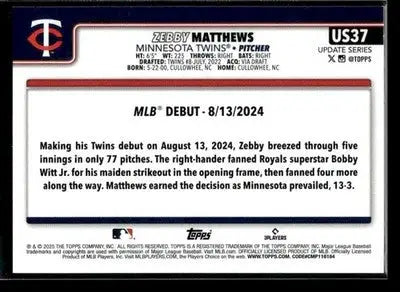 2025 Topps Update Zebby Matthews #US37 Minnesota Twins