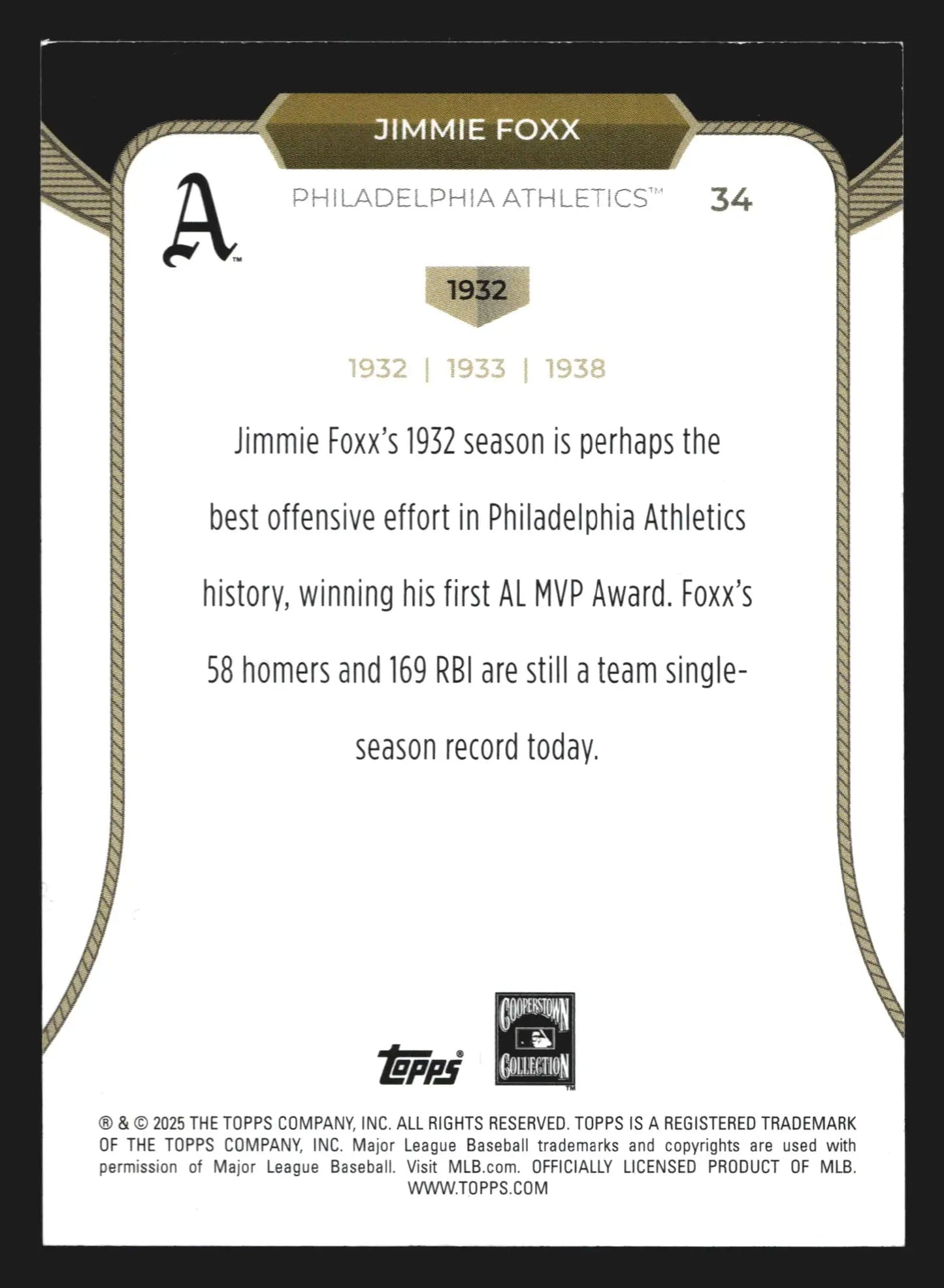 2025 Topps Welcome to the Club 3-Time MVP #34 Jimmie Foxx Athletics HOF - Baseball Card Single