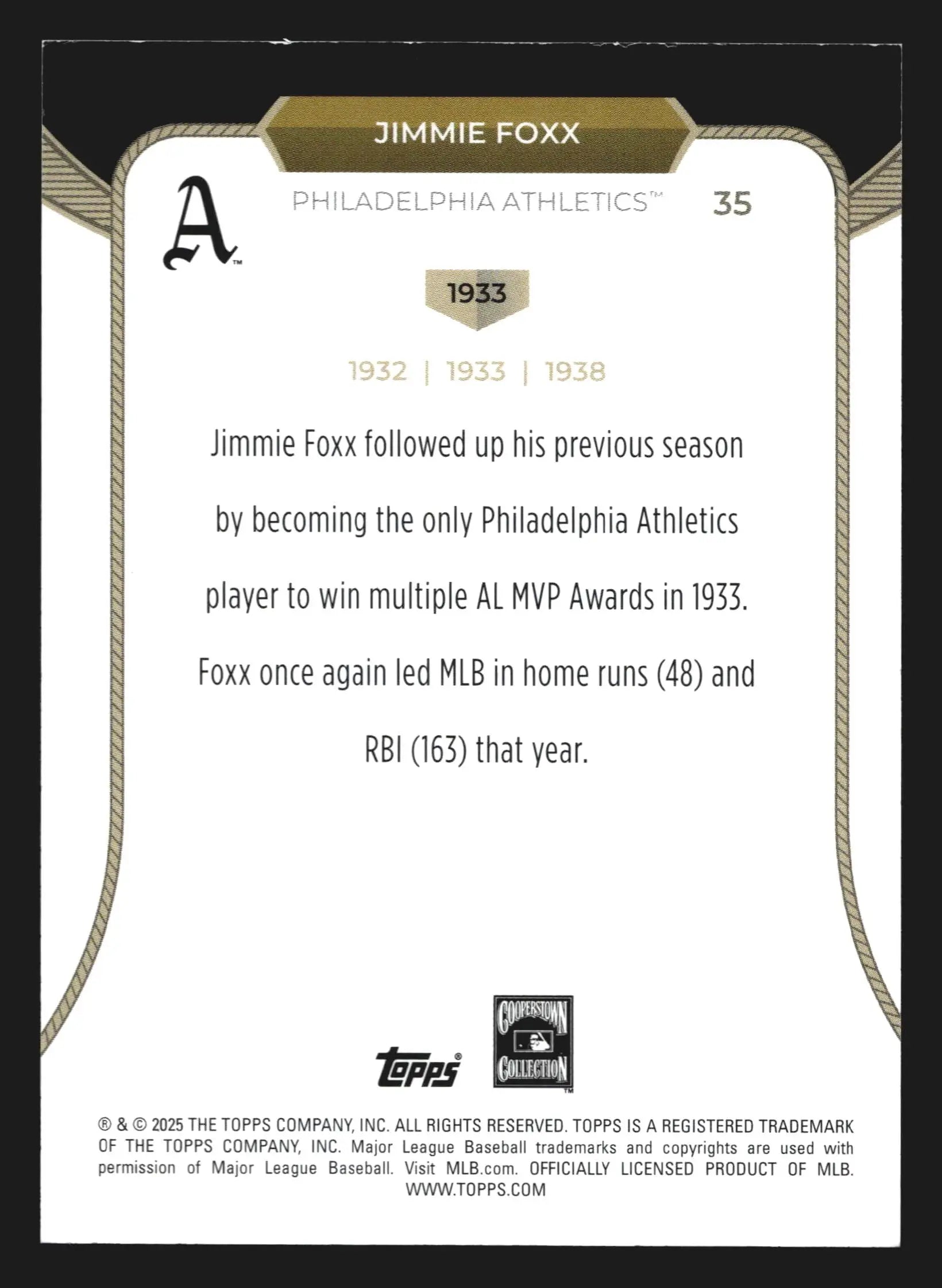 2025 Topps Welcome to the Club 3-Time MVP #35 Jimmie Foxx Athletics HOF
