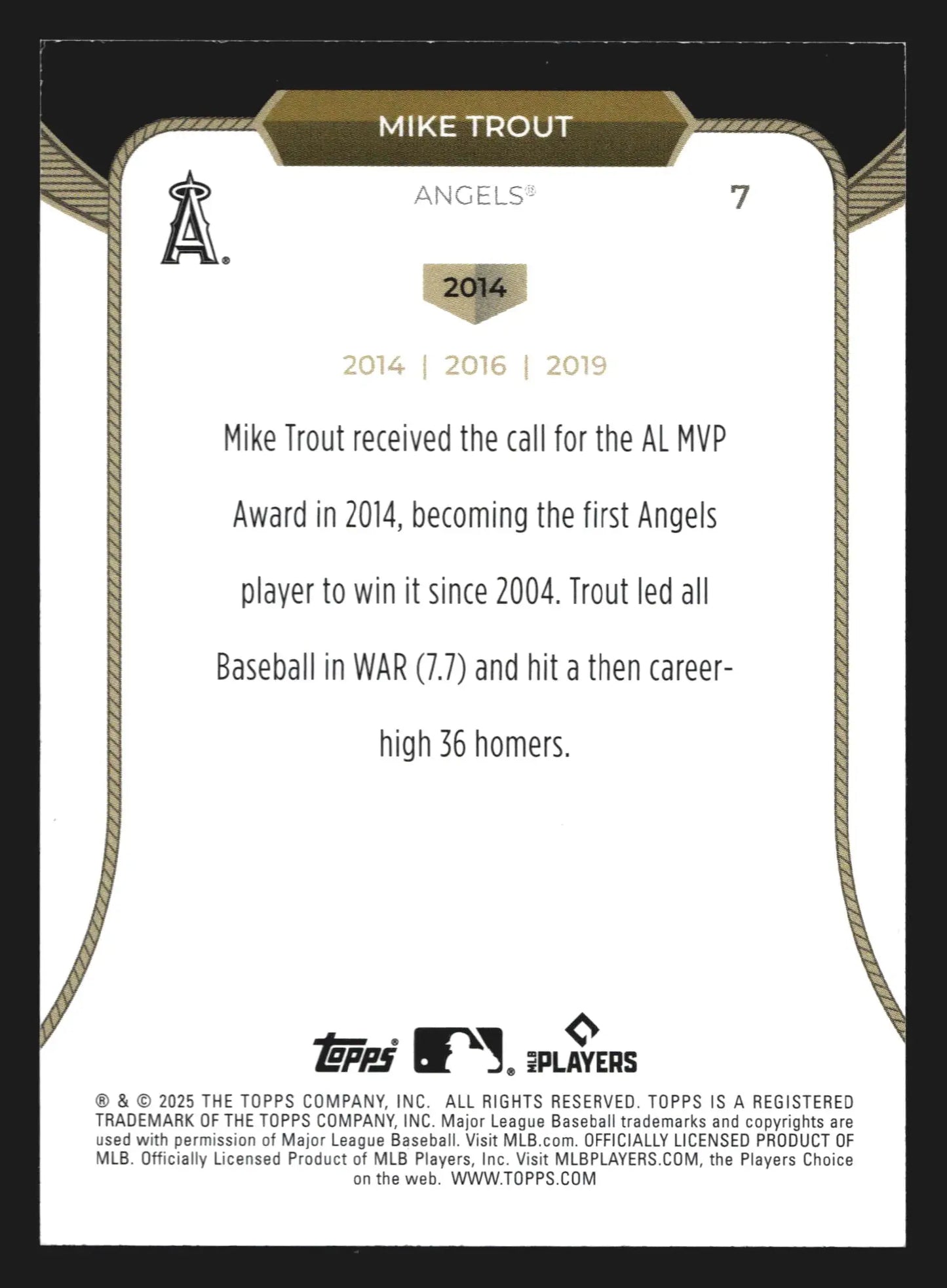 2025 Topps Welcome to the Club 3-Time MVP #7 Mike Trout Angels - Baseball Card Single
