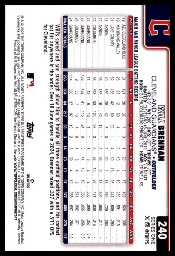 2025 Topps Will Brennan 240 Cleveland Guardians NM - Baseball Card Single