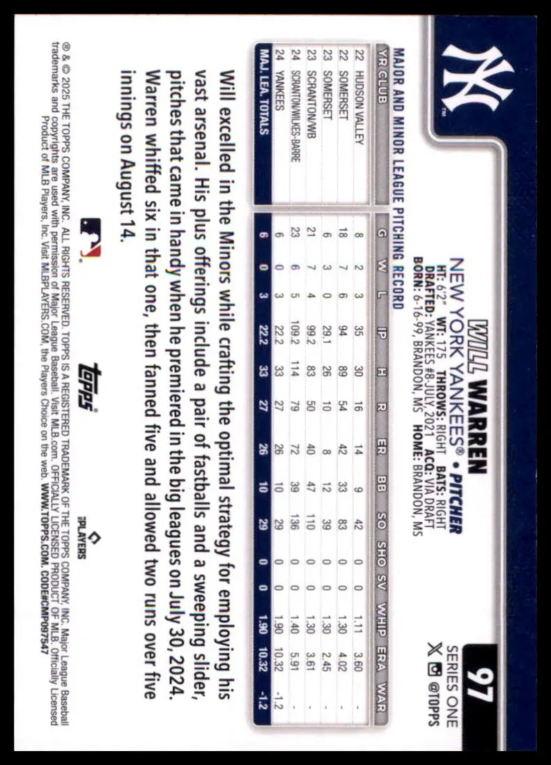 2025 Topps Will Warren RC 97 New York Yankees NM - Baseball Card Single