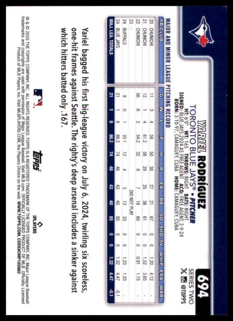 2025 Topps Yariel Rodríguez 694 Toronto Blue Jays NM - Baseball Card Single