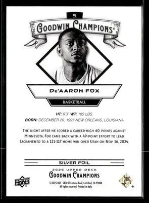 2025 Upper Deck Goodwin Champions #5 De’Aaron Fox Silver Foil - Basketball Card Single