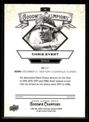 2025 Upper Deck Goodwin Champions Chris Evert #4 Tennis - Tennis Card Single