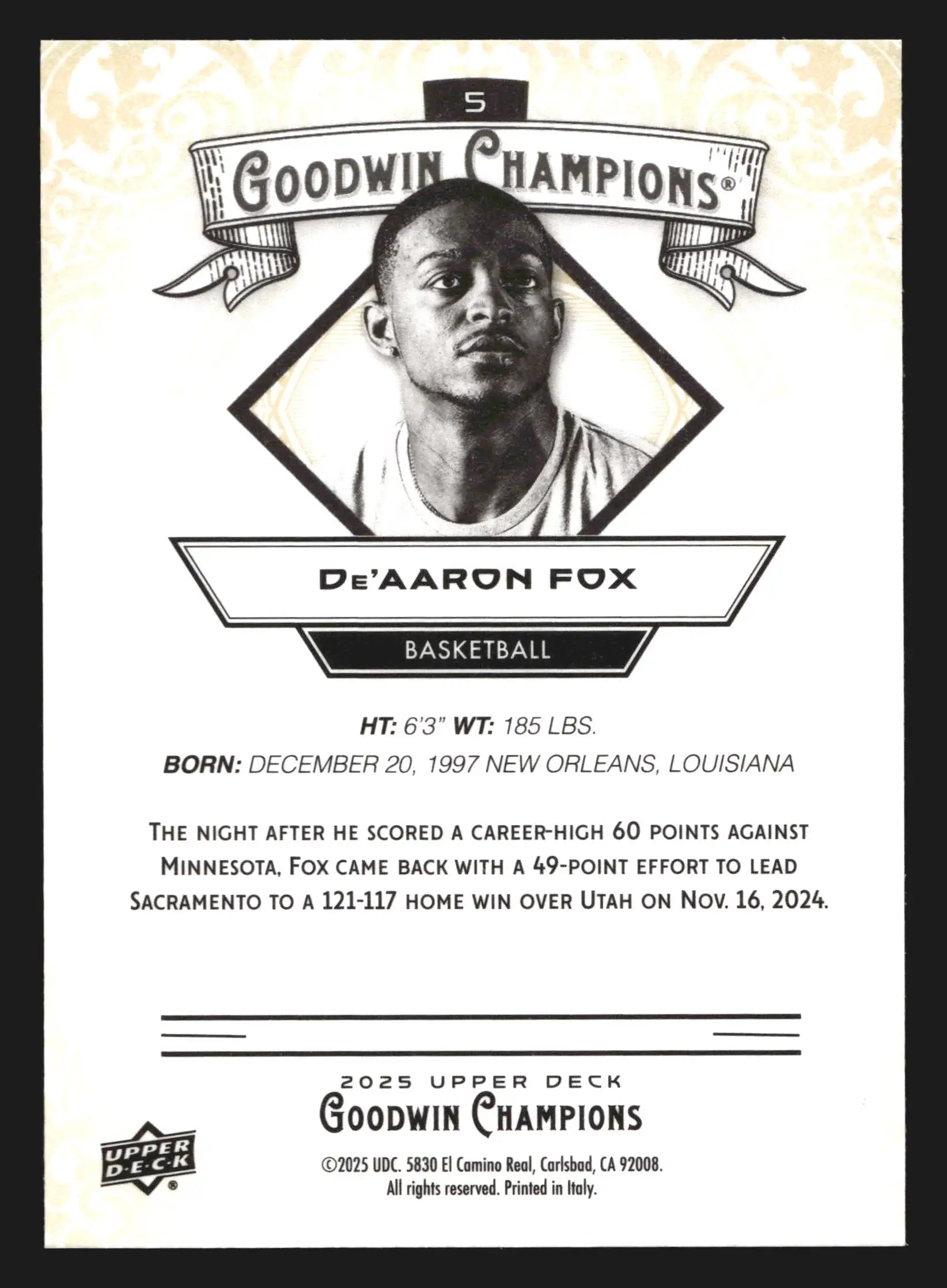 2025 Upper Deck Goodwin Champions De’Aaron Fox #5 Basketball Spurs - Basketball Card Single