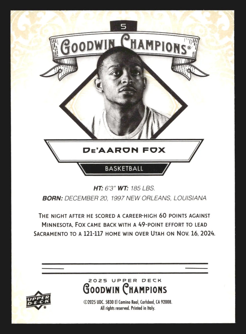 2025 Upper Deck Goodwin Champions De’Aaron Fox #5 Basketball Spurs - Basketball Card Single