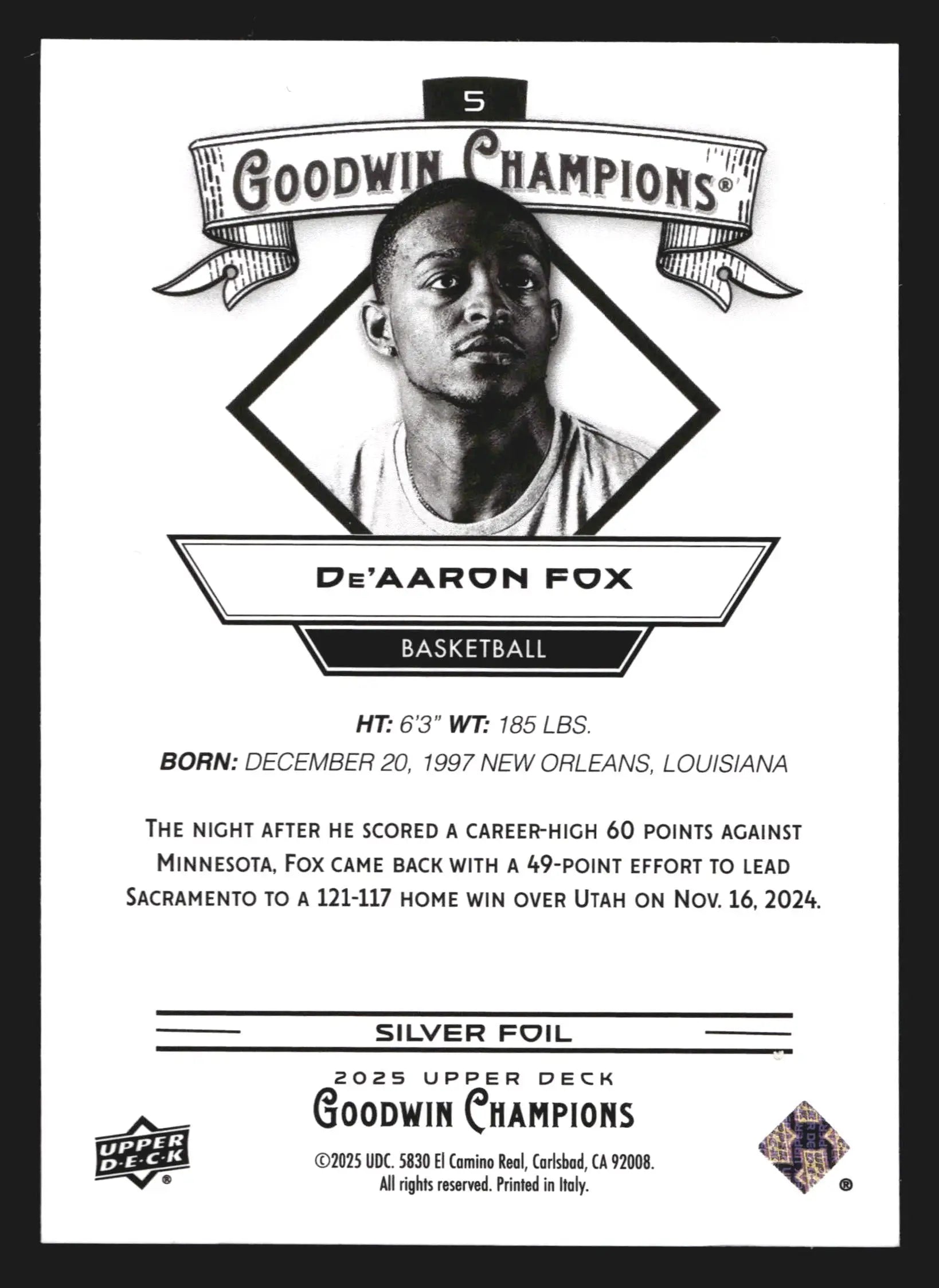 2025 Upper Deck Goodwin Champions De’Aaron Fox #5 Silver Foil Spurs - Basketball Card Single