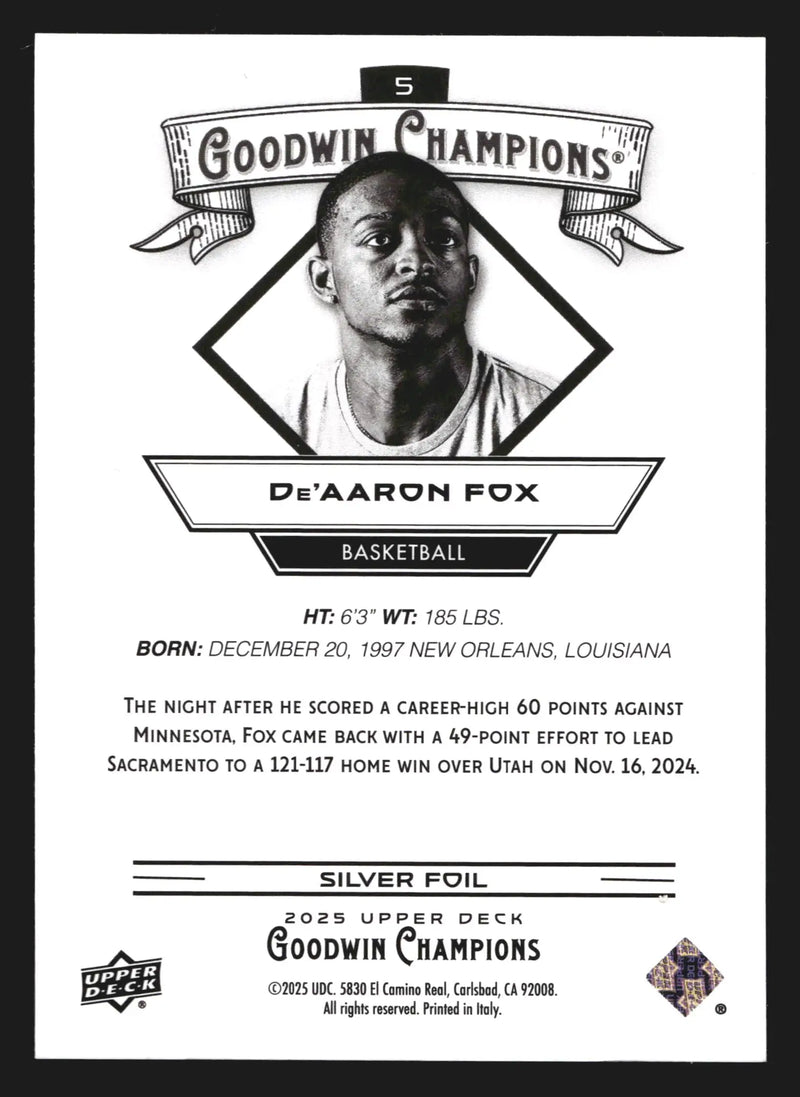 2025 Upper Deck Goodwin Champions De’Aaron Fox #5 Silver Foil Spurs - Basketball Card Single
